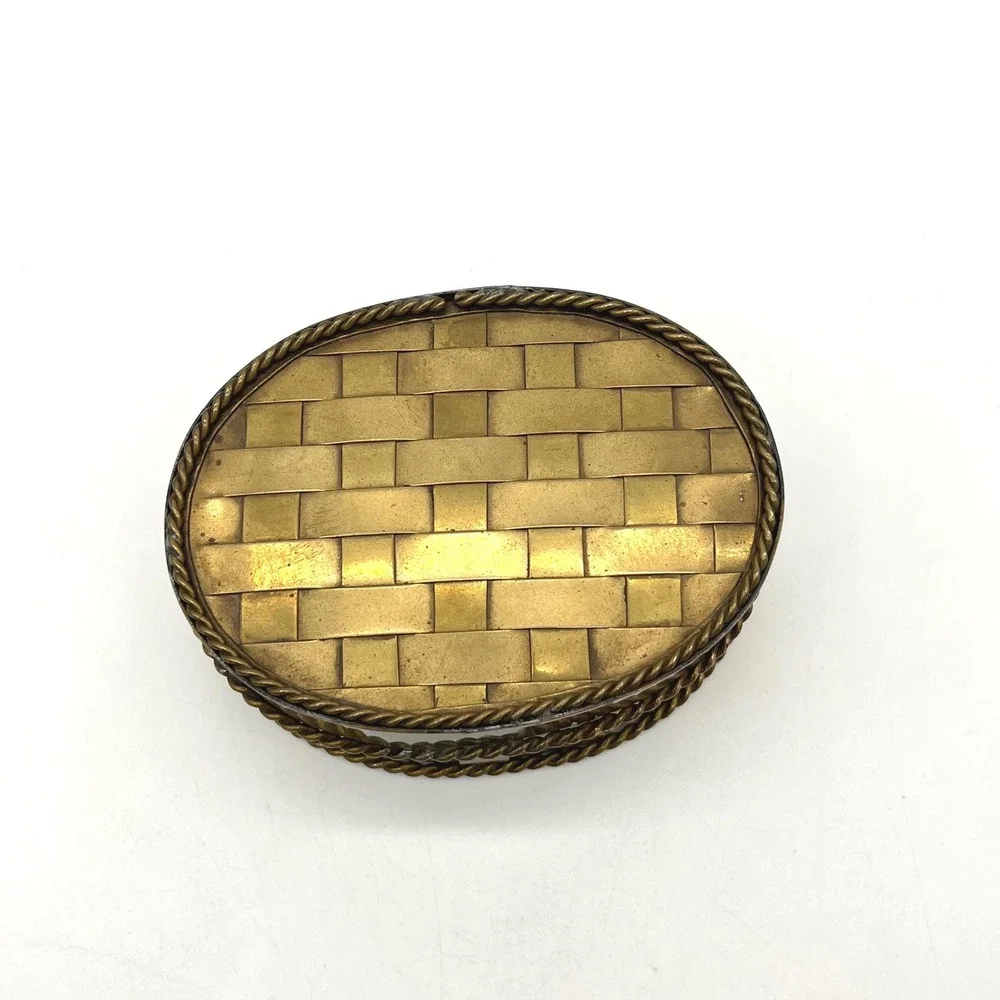 Vintage Brass‎ Woven Basket Trinket Jewelry Box Decorative Container Oval